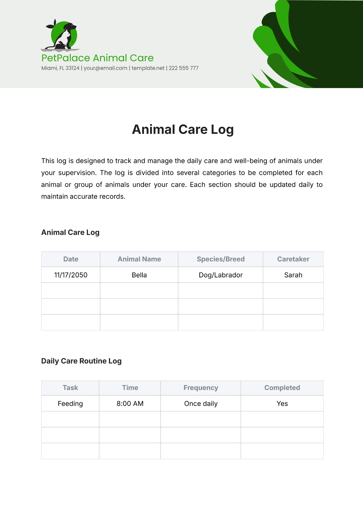 Animal Care Log Template - Edit Online & Download