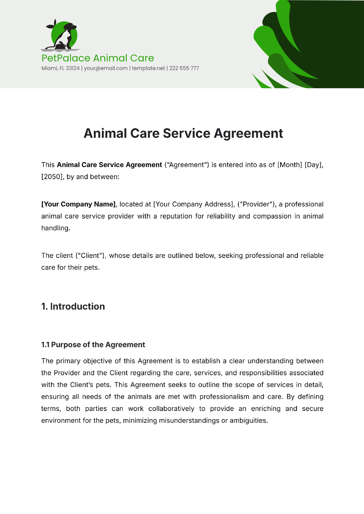 Animal Care Service Agreement Template - Edit Online & Download