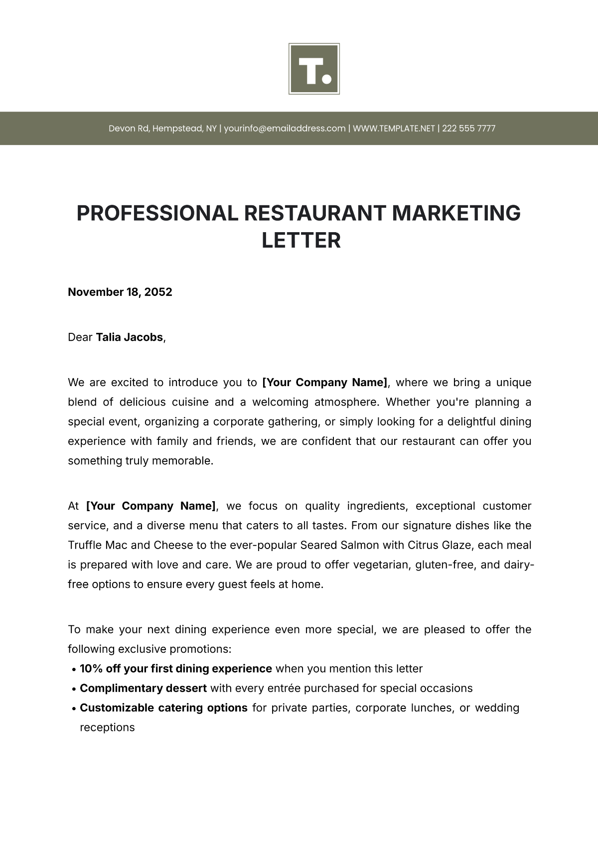 Professional Restaurant Marketing Letter Template - Edit Online & Download