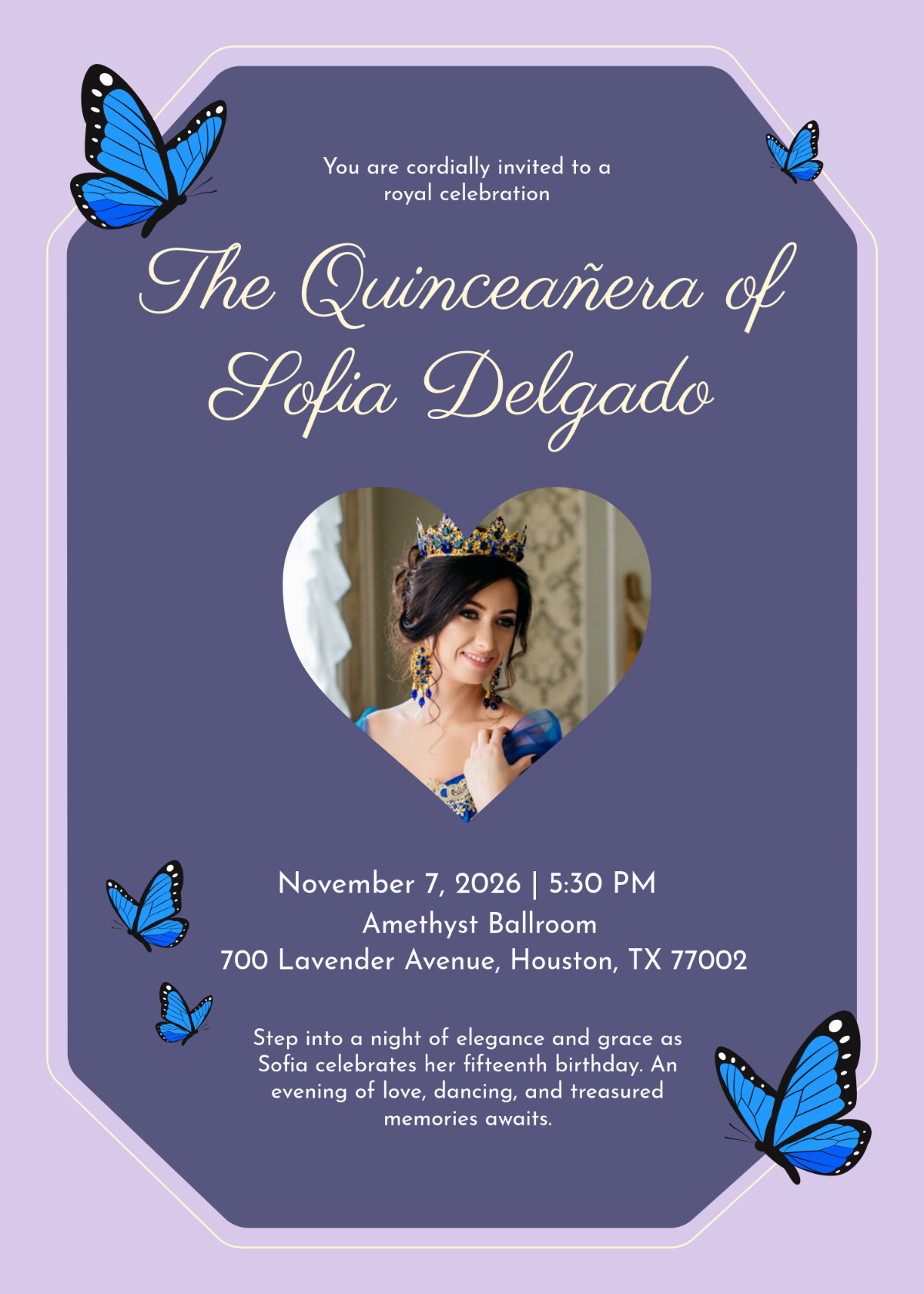 Free Purple Quinceañera Invitation Template to Edit Online
