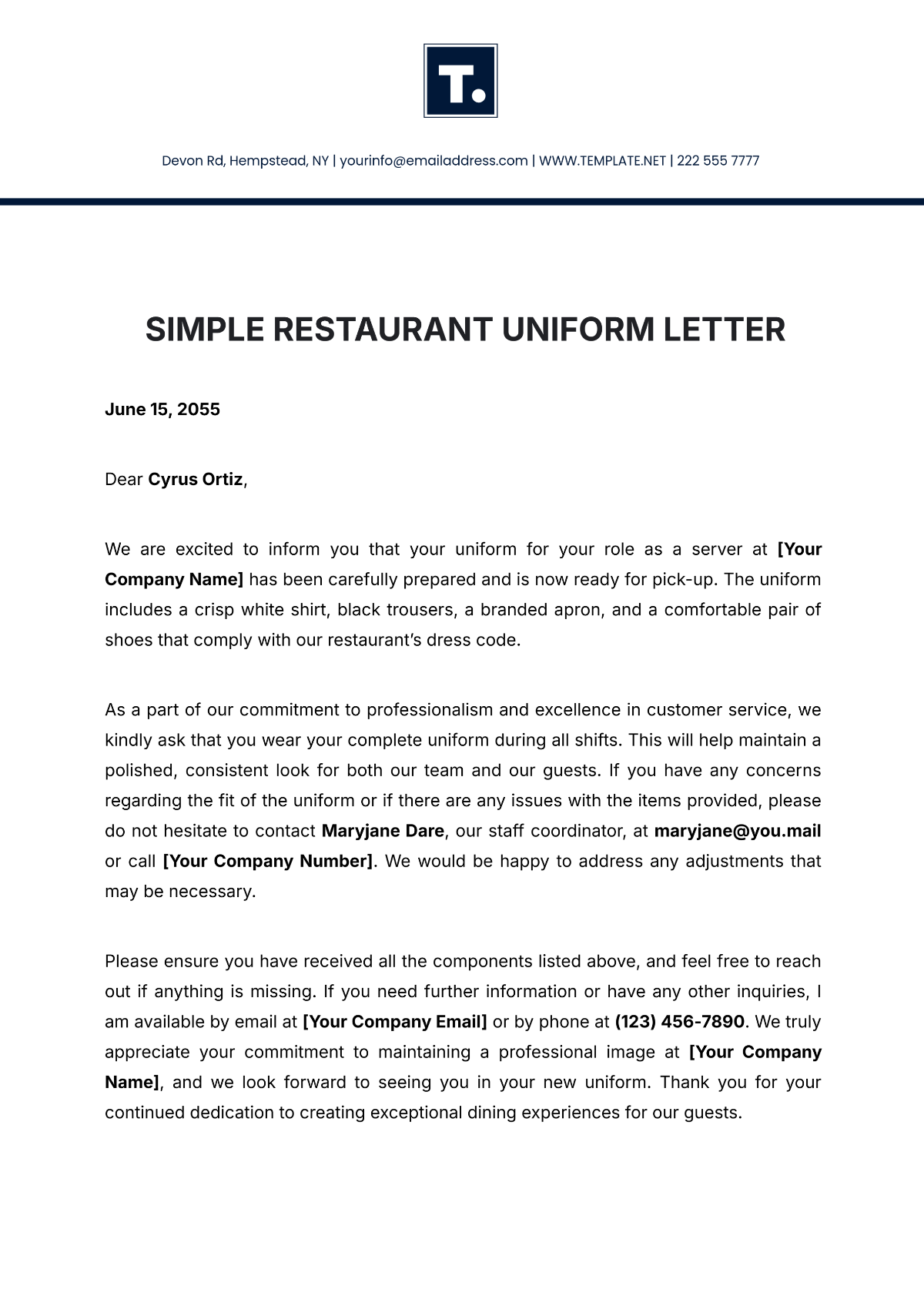 Simple Restaurant Uniform Letter Template - Edit Online & Download