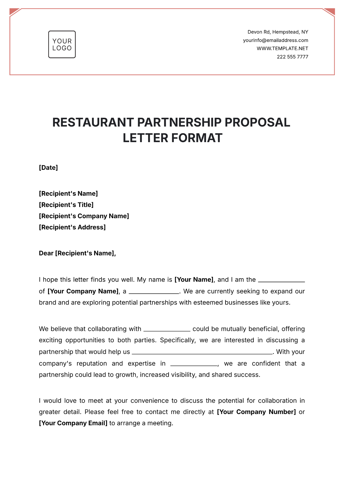 Restaurant Partnership Proposal Letter Format Template - Edit Online & Download