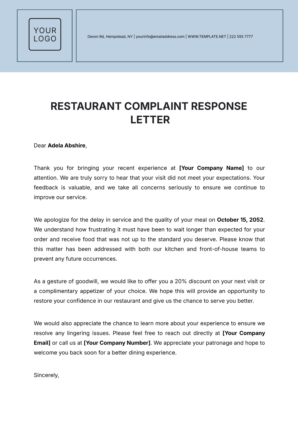 Restaurant Complaint Response Letter Template - Edit Online & Download