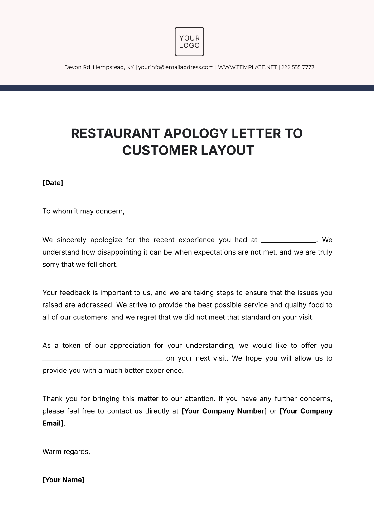 Restaurant Apology Letter to Customer Layout Template - Edit Online & Download