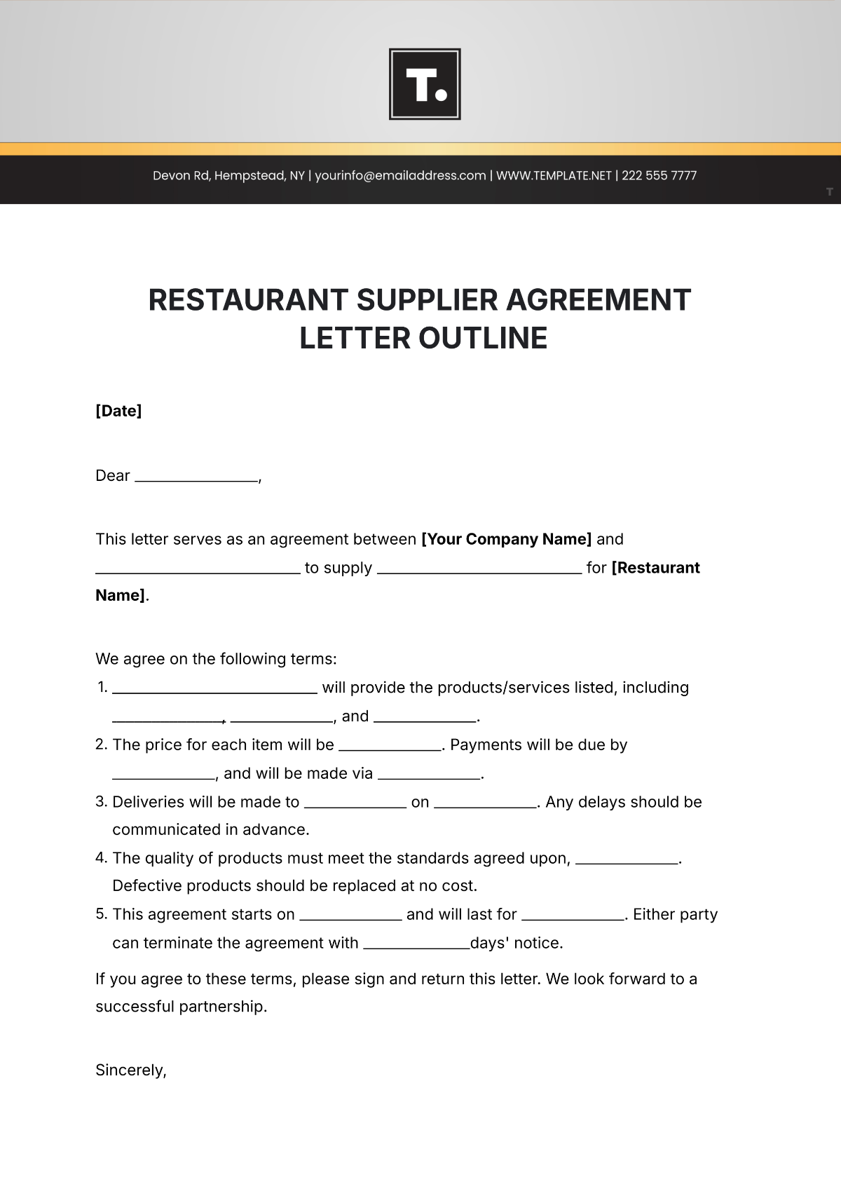 Restaurant Supplier Agreement Letter Outline Template - Edit Online & Download