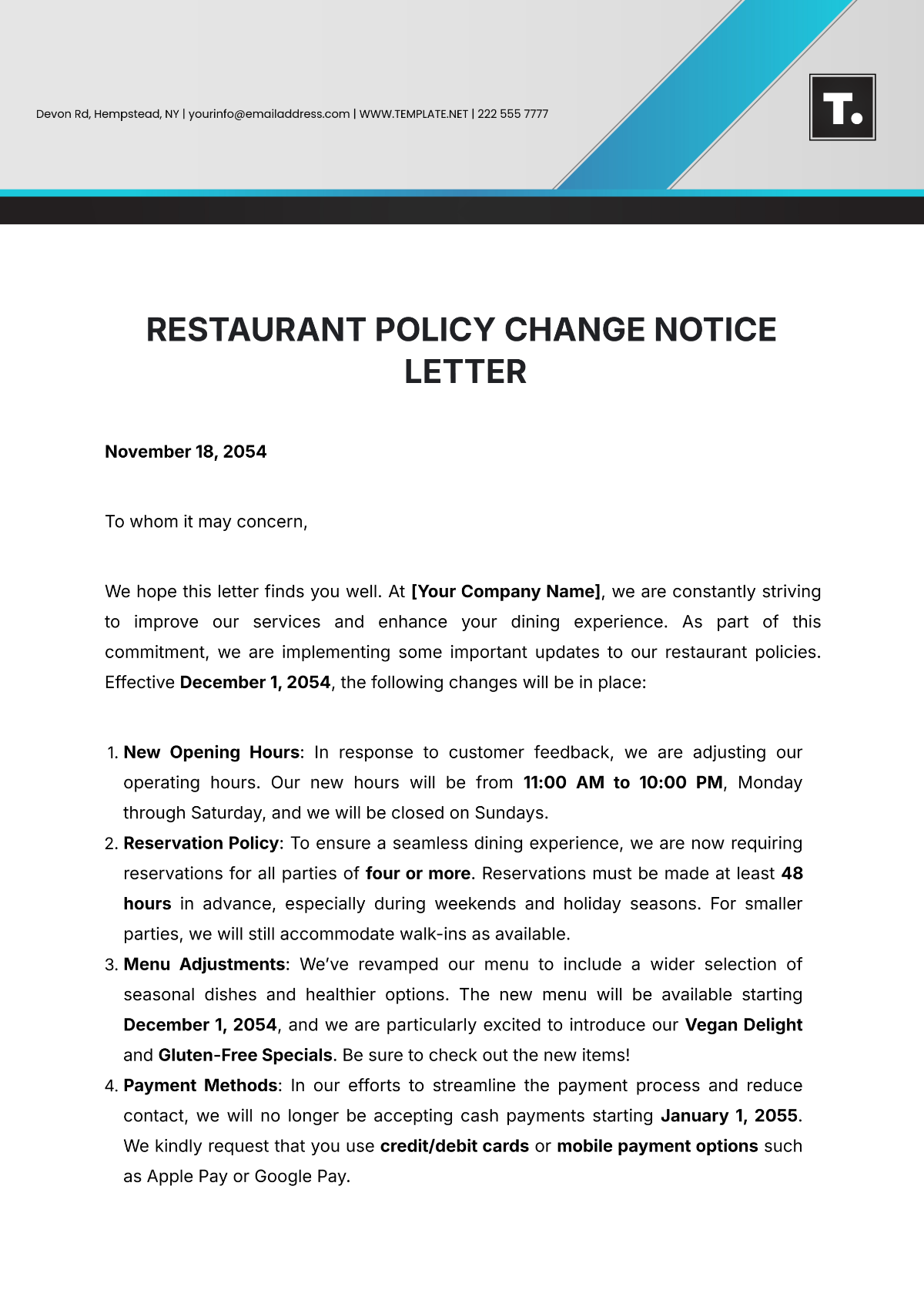 Restaurant Policy Change Notice Letter Template - Edit Online & Download