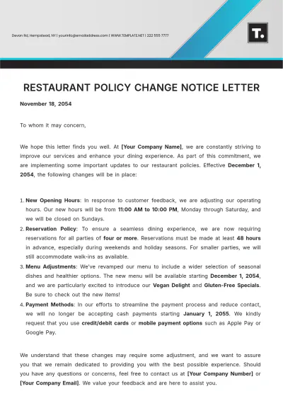 Free Restaurant Policy Change Notice Letter Template to Edit Online