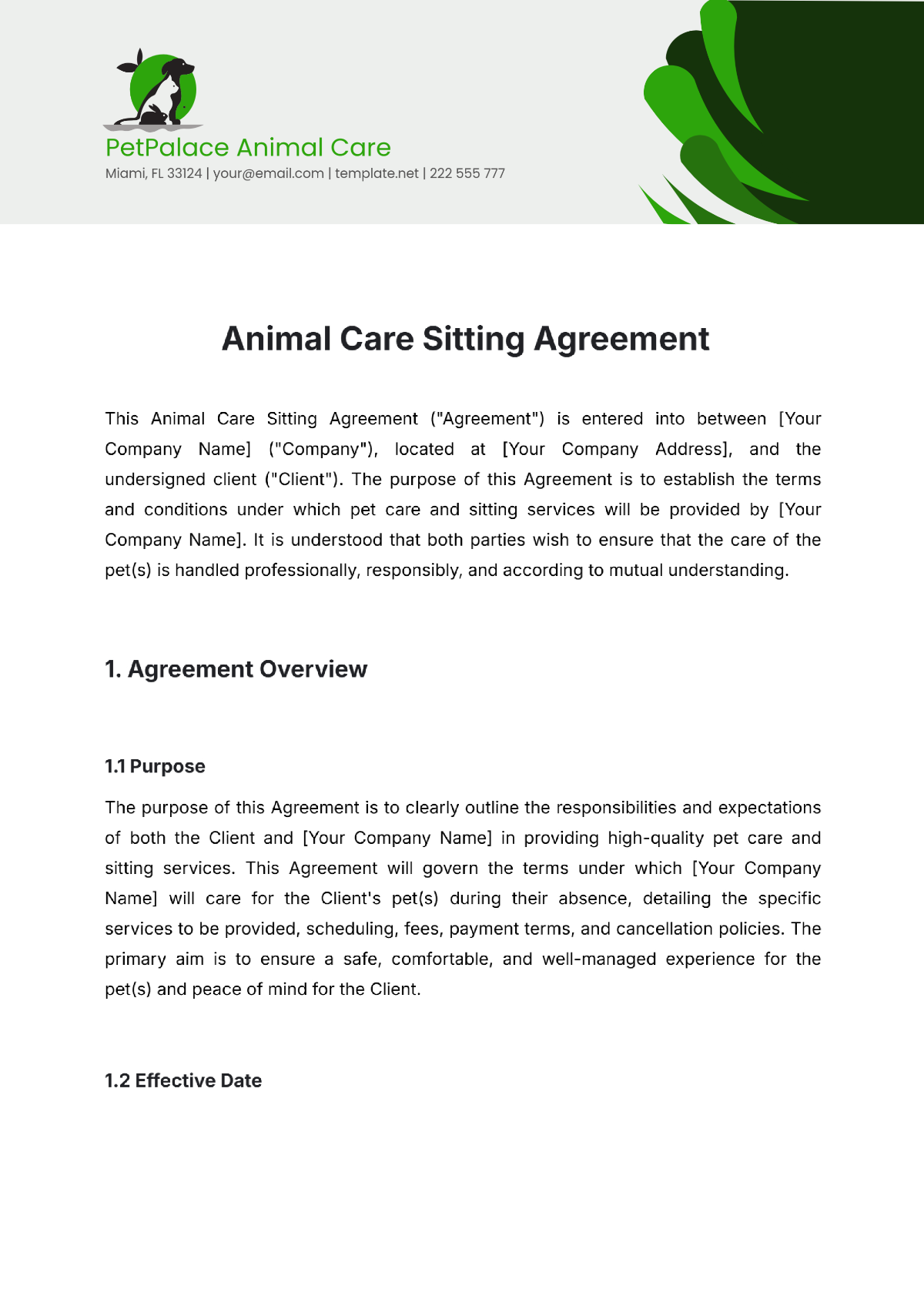 Animal Care Sitting Agreement Template - Edit Online & Download