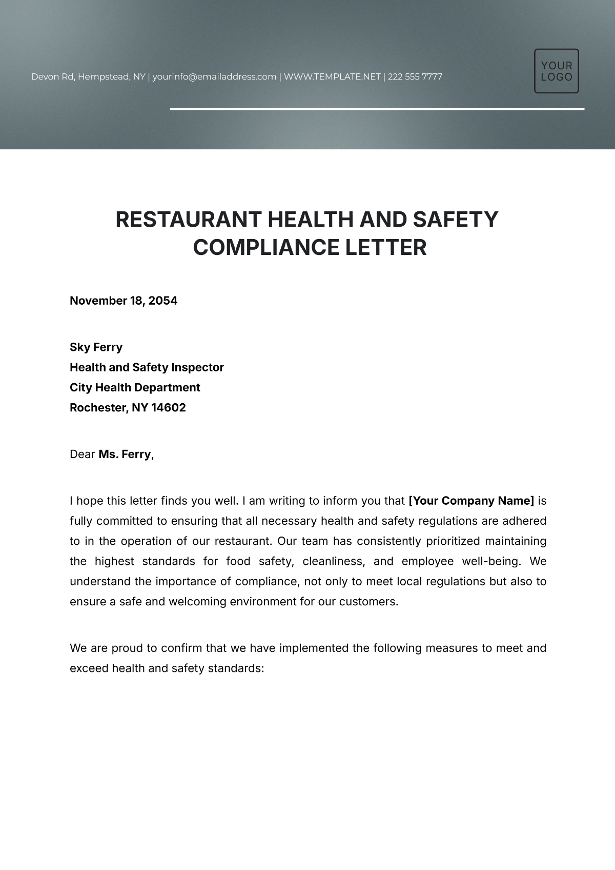 Restaurant Health and Safety Compliance Letter Template - Edit Online & Download