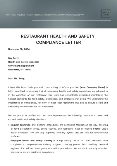 Free Restaurant Health and Safety Compliance Letter Template to Edit Online