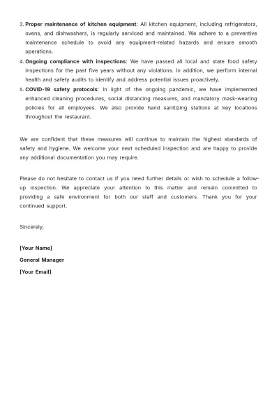 Free Restaurant Health and Safety Compliance Letter Template to Edit Online