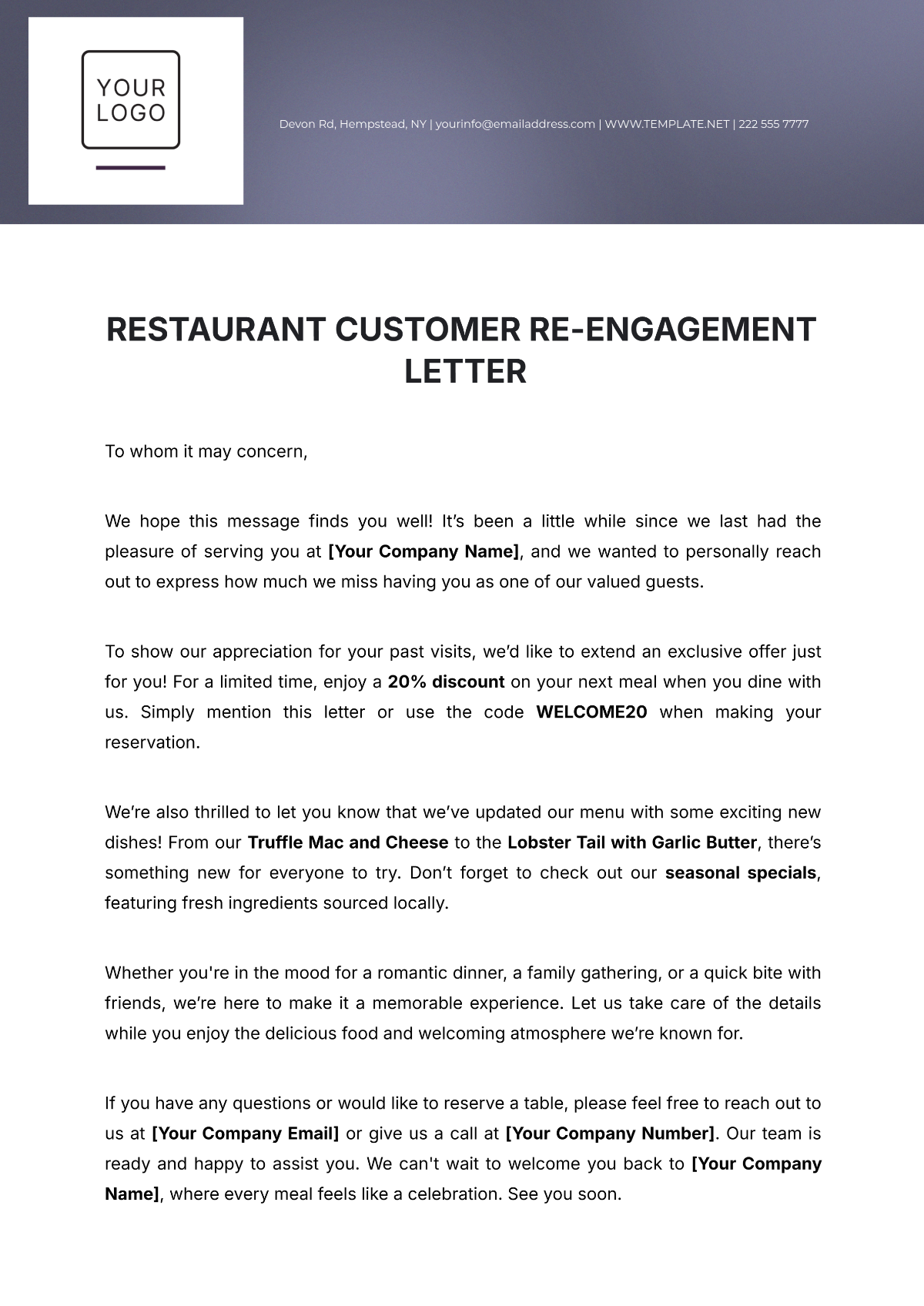 Restaurant Customer Re-Engagement Letter Template - Edit Online & Download