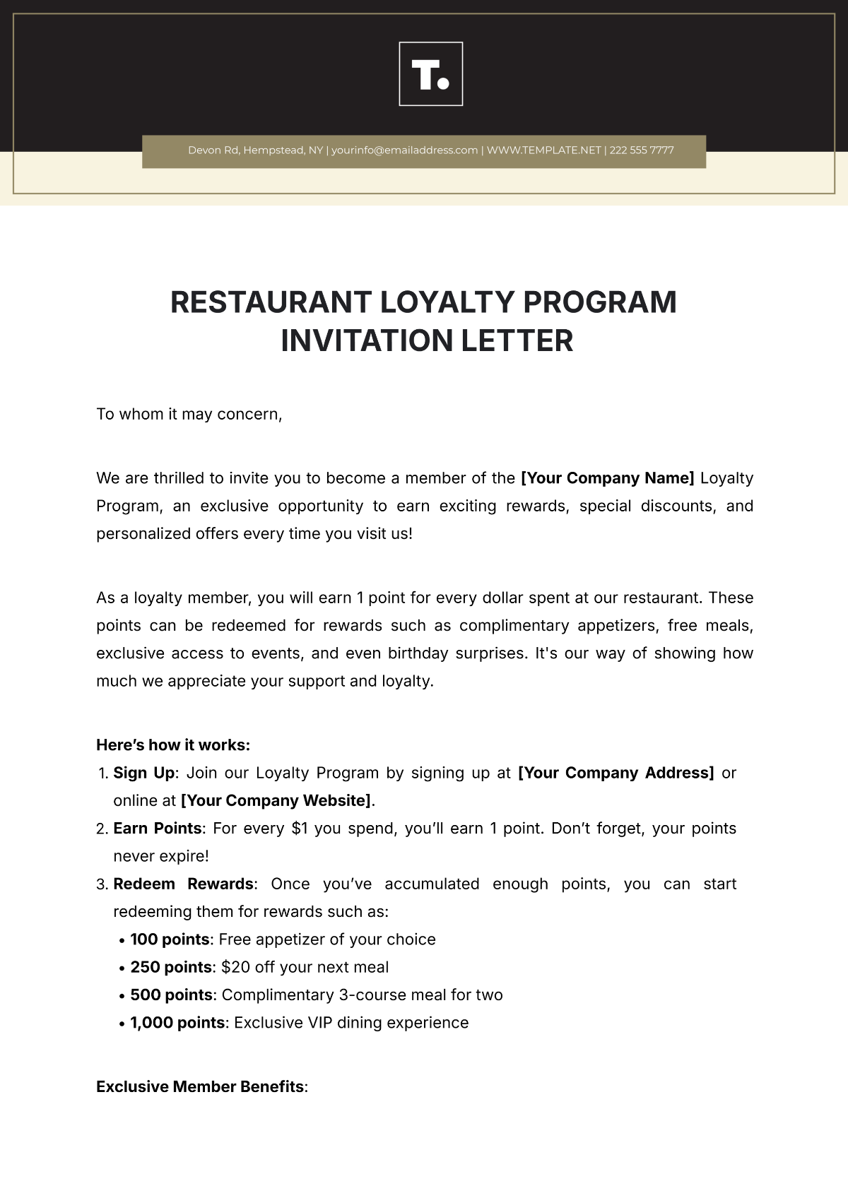 Restaurant Loyalty Program Invitation Letter Template - Edit Online & Download