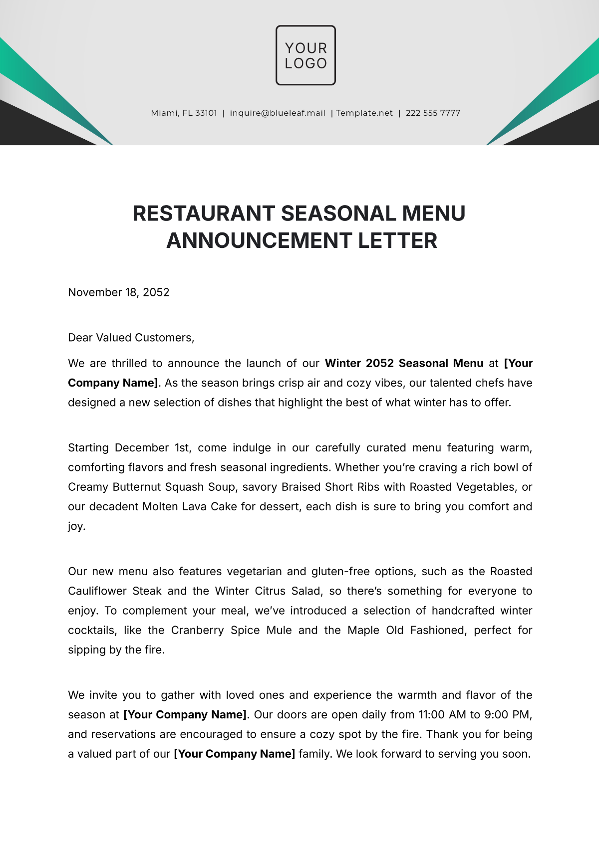 Restaurant Seasonal Menu Announcement Letter Template - Edit Online & Download