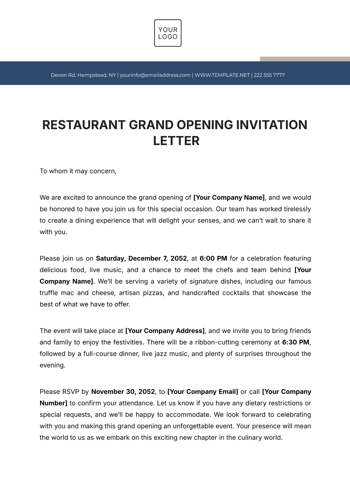 Restaurant Grand Opening Invitation Letter Template - Edit Online & Download