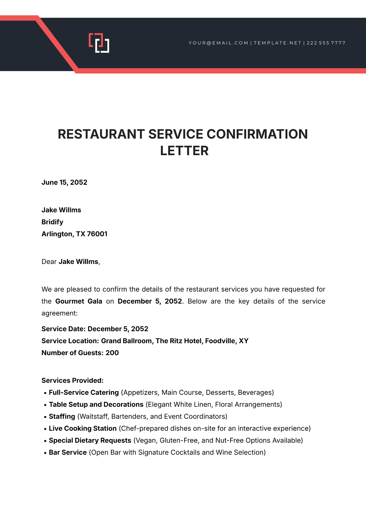 Restaurant Service Confirmation Letter Template - Edit Online & Download