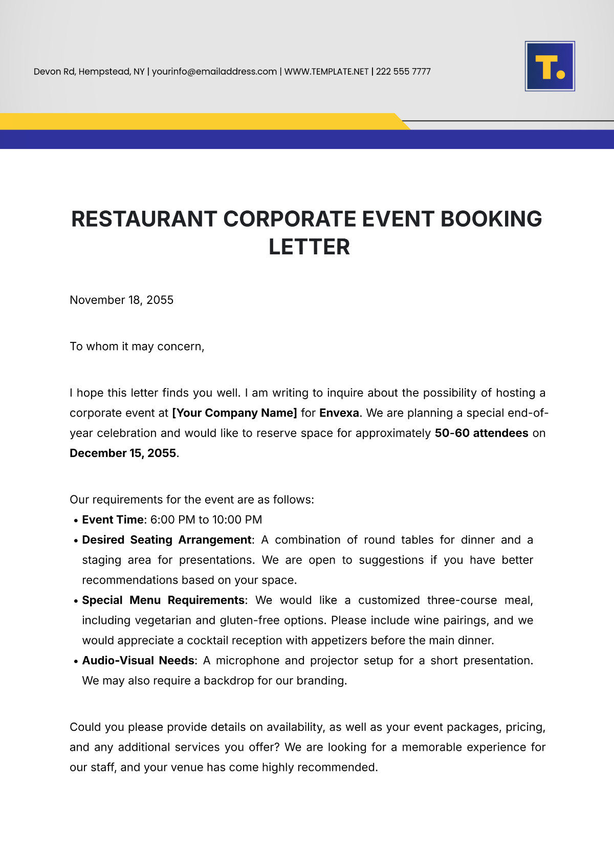 Restaurant Corporate Event Booking Letter Template - Edit Online & Download