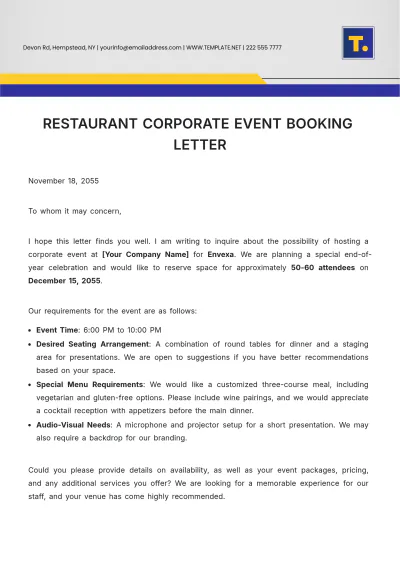 Free Restaurant Corporate Event Booking Letter Template to Edit Online