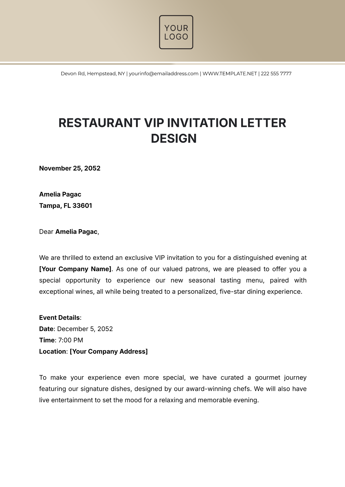 Restaurant VIP Invitation Letter Design Template - Edit Online & Download