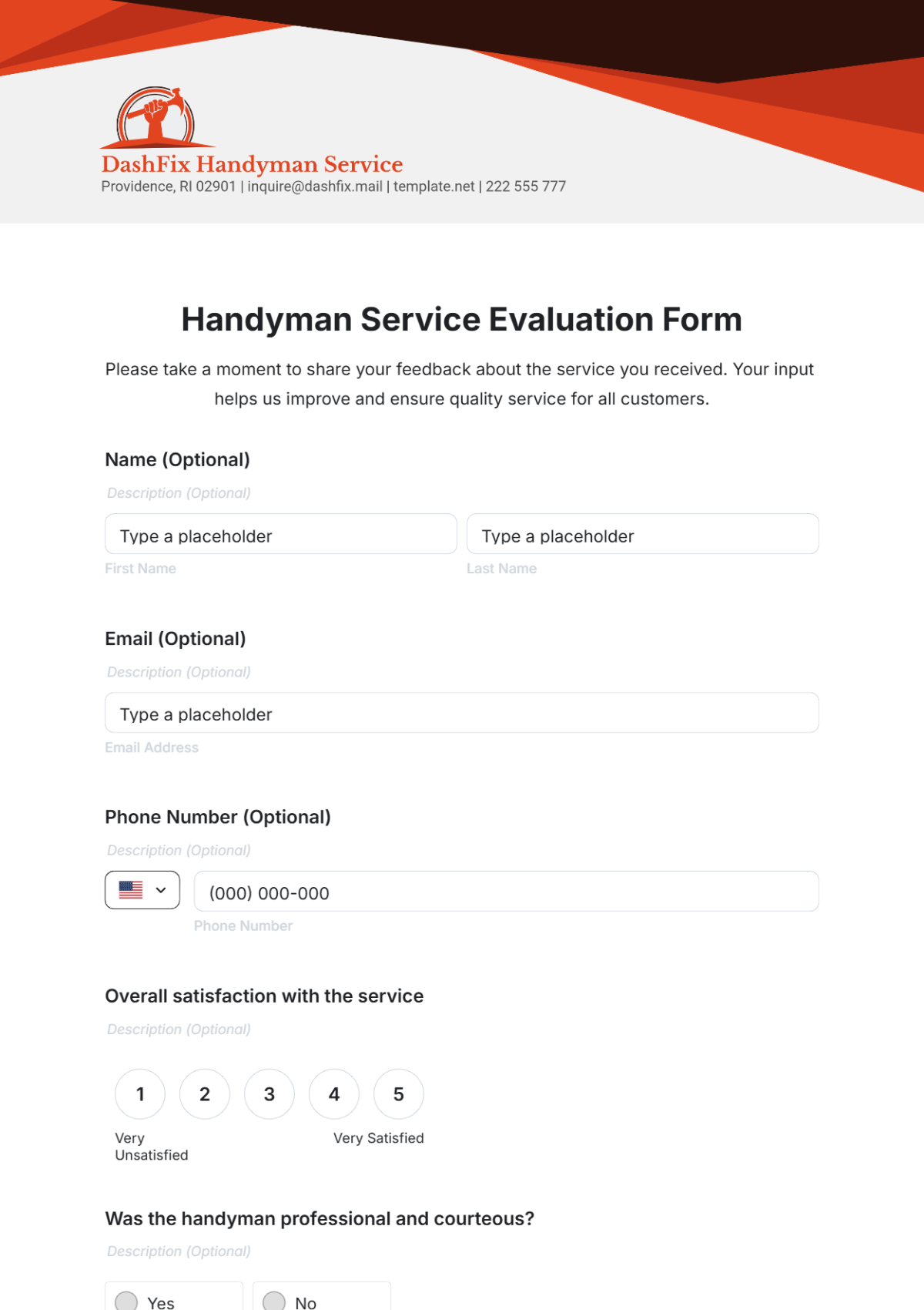 Handyman Service Evaluation Form Template - Edit Online & Download