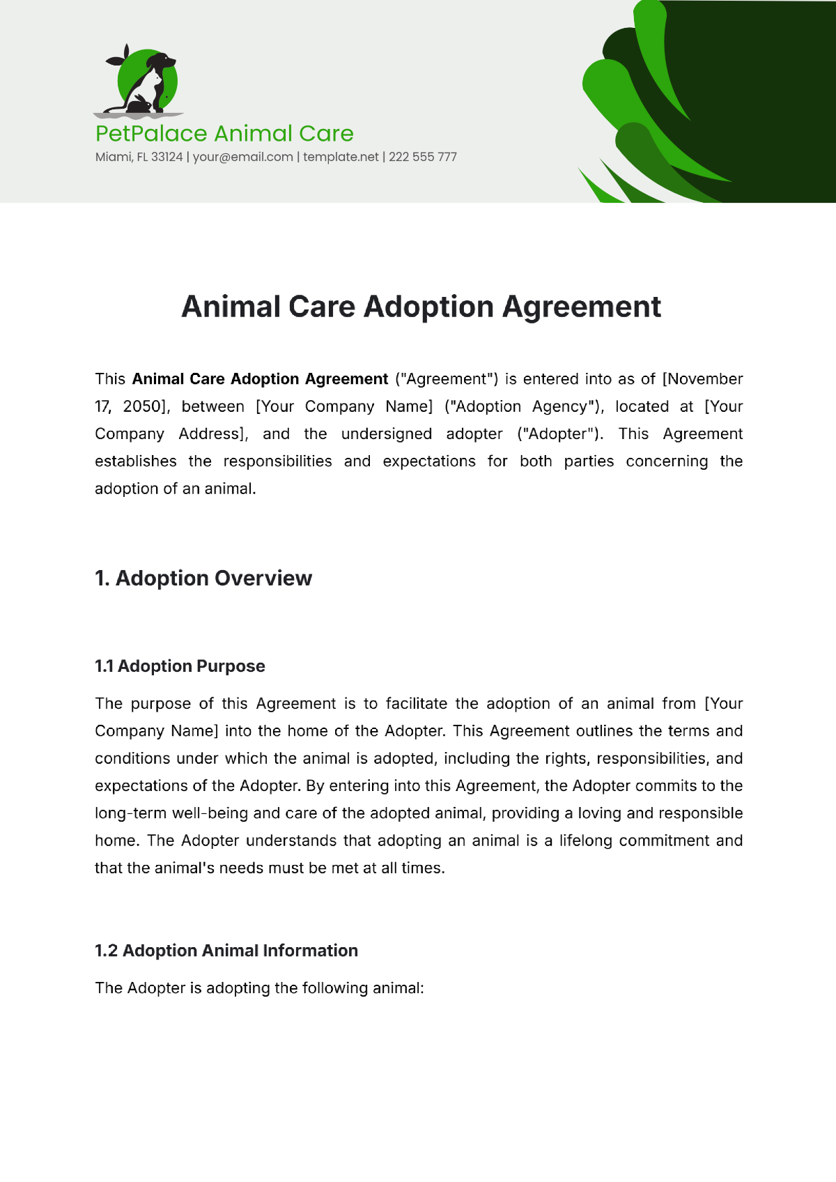 Animal Care Adoption Agreement Template - Edit Online & Download