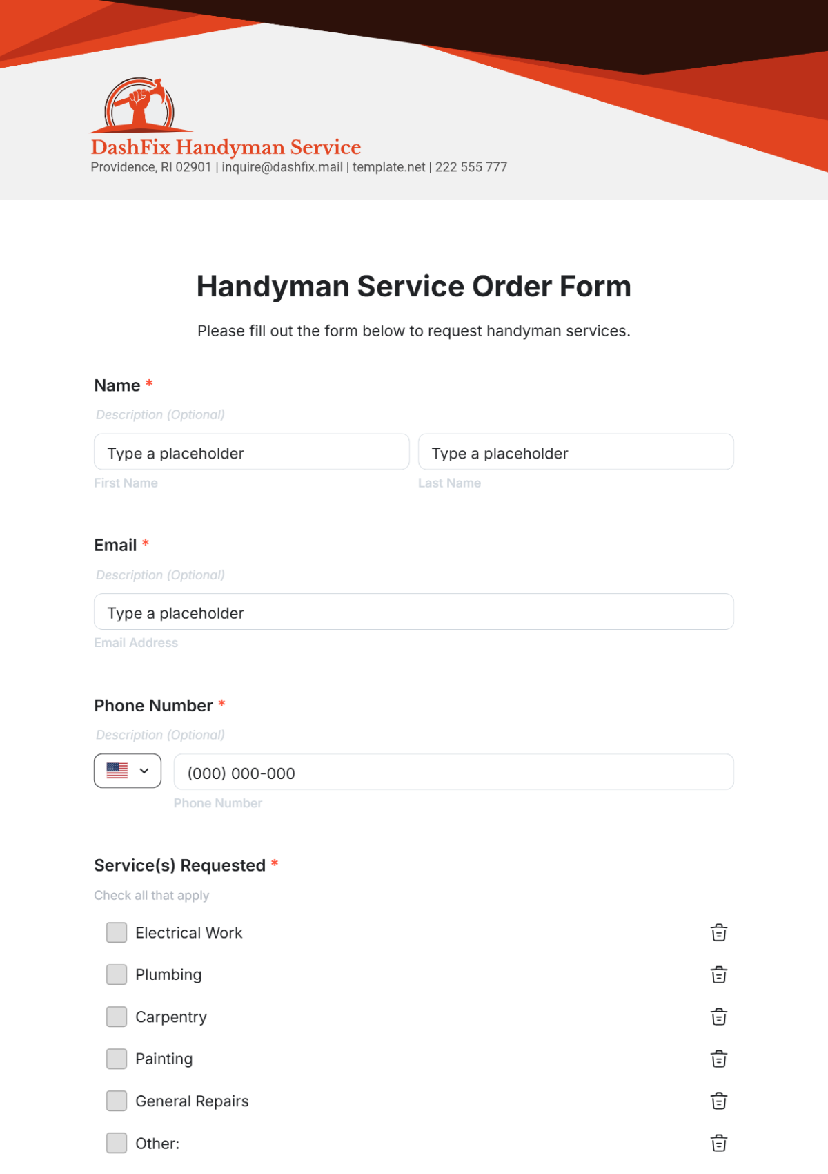 Handyman Service Order Form Template - Edit Online & Download