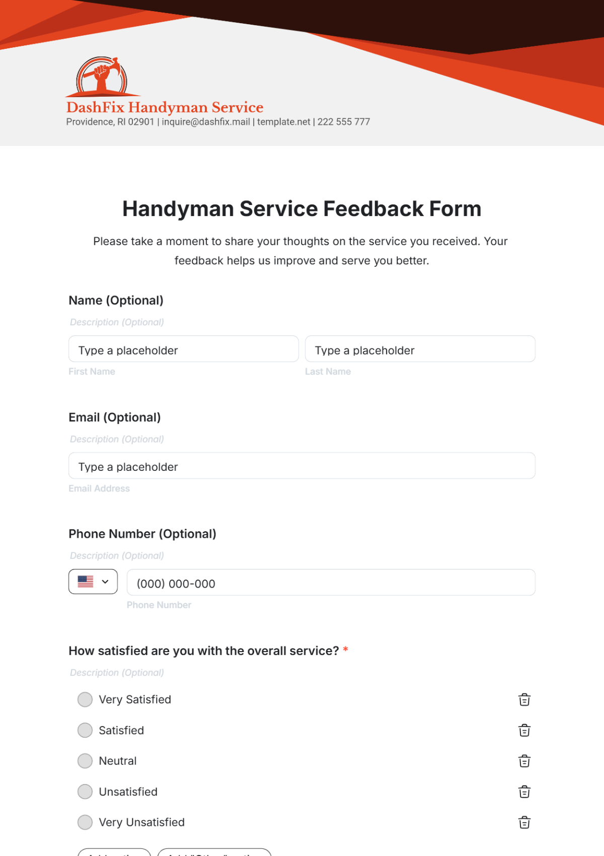 Handyman Service Feedback Form Template - Edit Online & Download