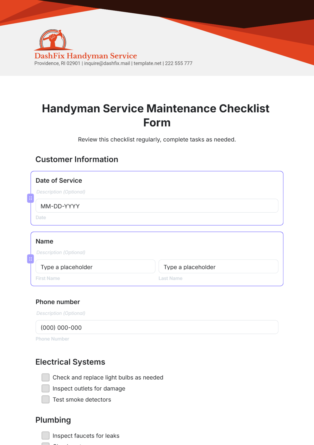 Handyman Service Maintenance Checklist Form Template - Edit Online & Download