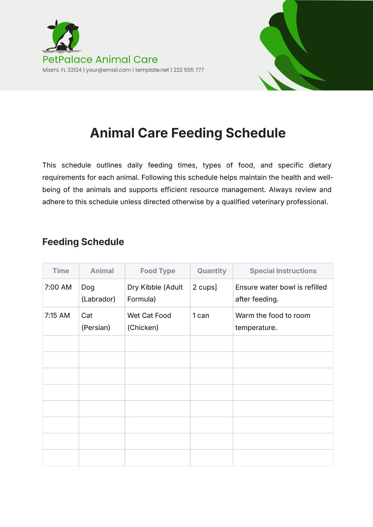 Animal Care Feeding Schedule Template - Edit Online & Download