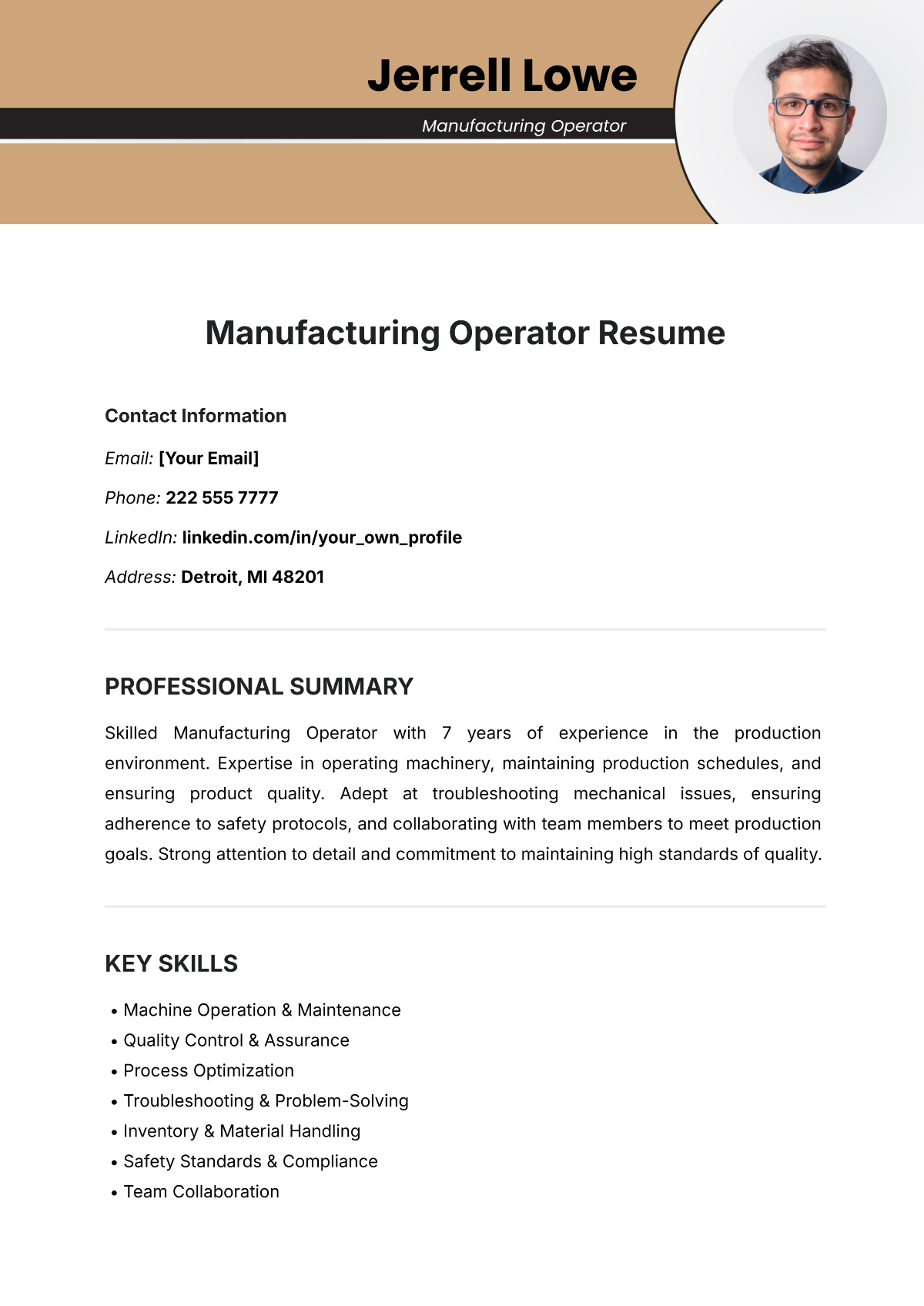 Manufacturing Operator Resume Template - Edit Online & Download