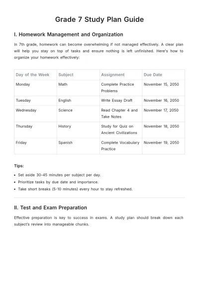 Free Grade 7 Study Plan Guide Template to Edit Online