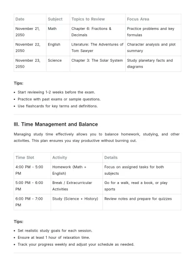 Free Grade 7 Study Plan Guide Template to Edit Online