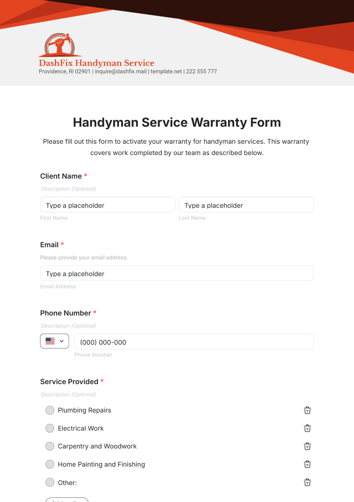 Handyman Service Warranty Form Template - Edit Online & Download