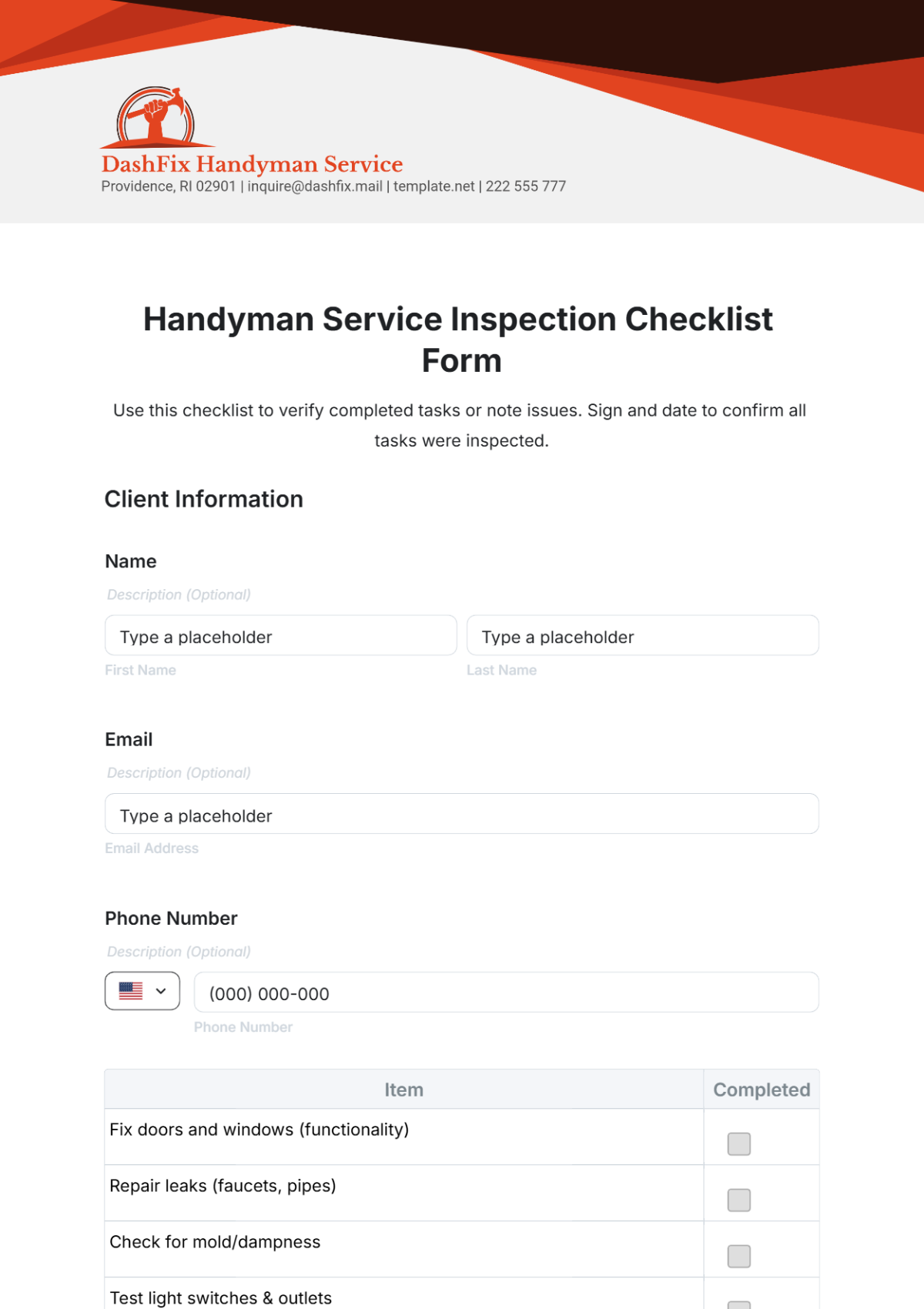 Handyman Service Inspection Checklist Form Template - Edit Online & Download