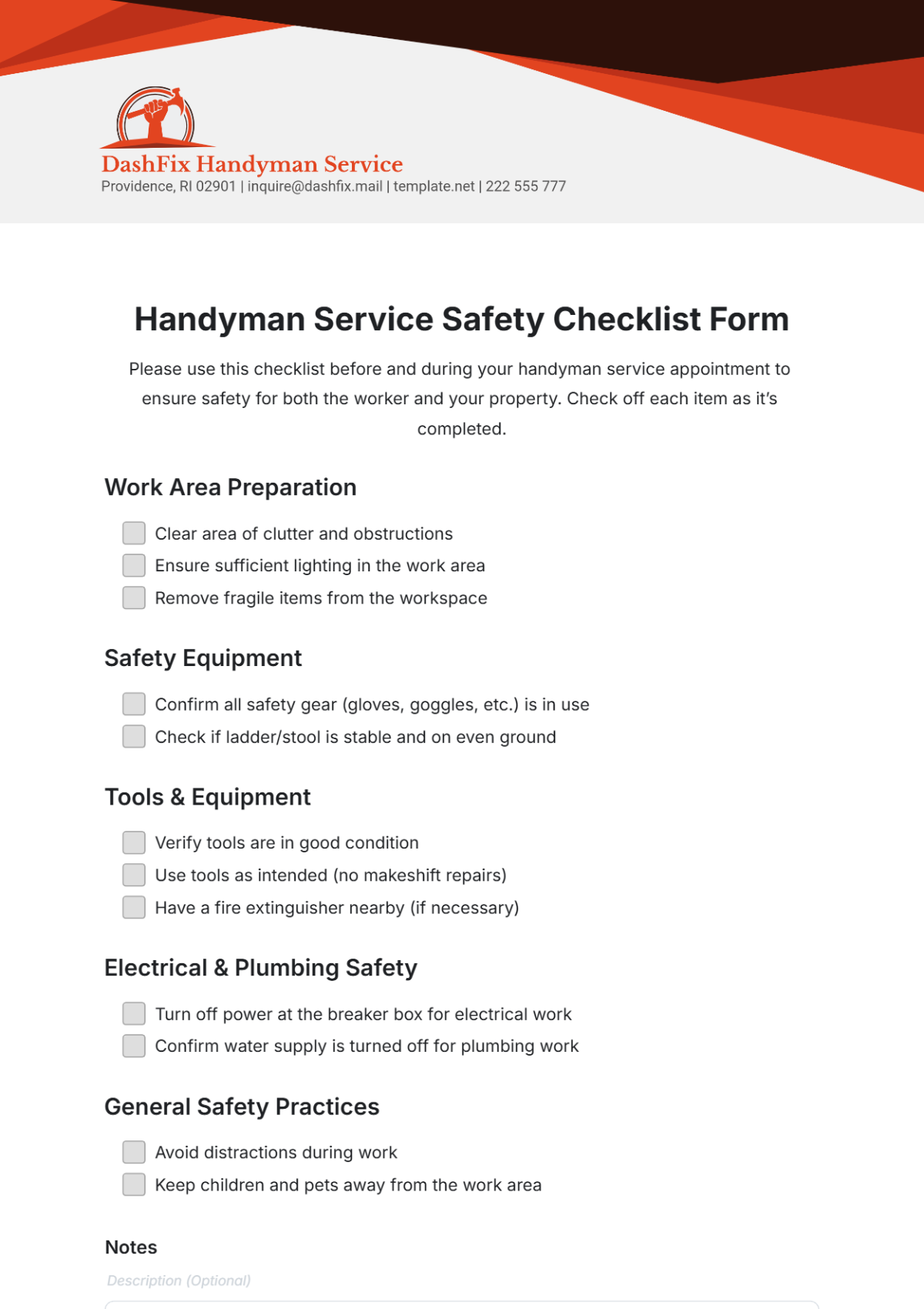 Handyman Service Safety Checklist Form Template - Edit Online & Download