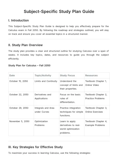 Free Subject-Specific Study Plan Guide Template to Edit Online