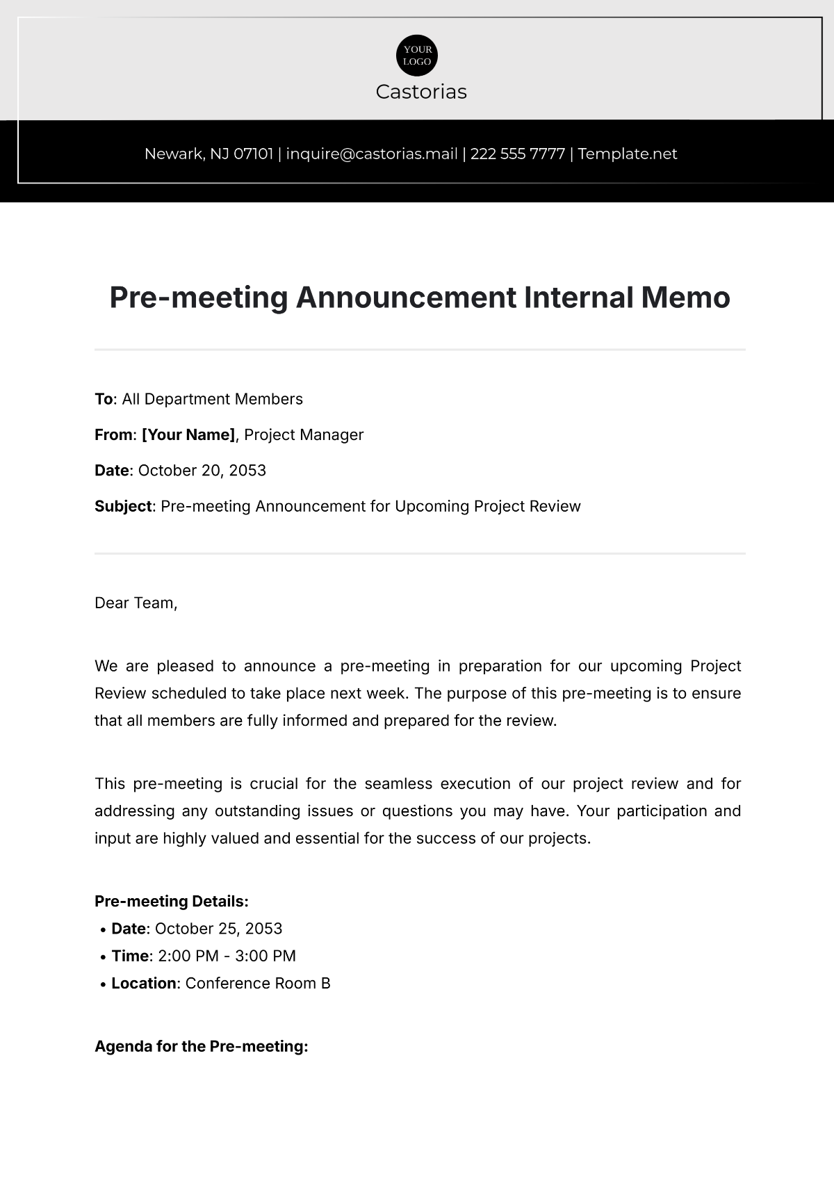 Free Pre-meeting Announcement Internal Memo Template