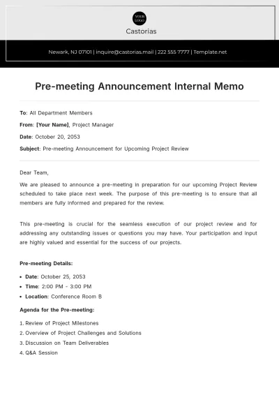 Free Pre-meeting Announcement Internal Memo Template to Edit Online