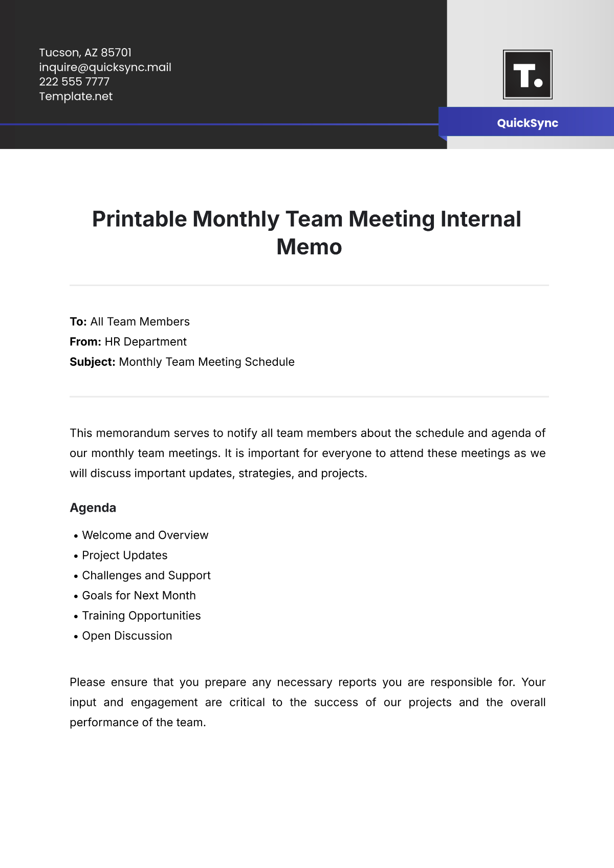 Printable Monthly Team Meeting Internal Memo Template - Edit Online & Download