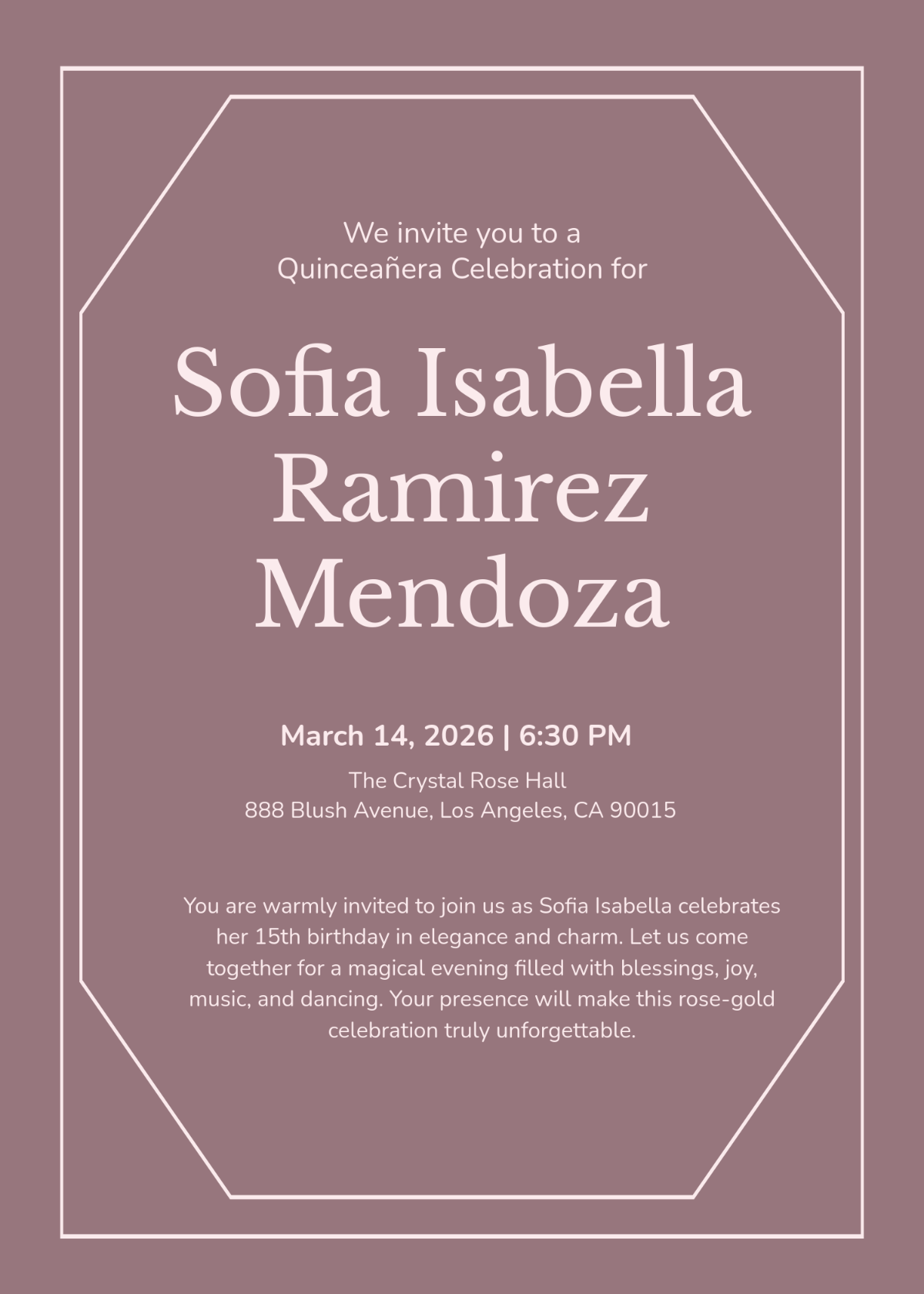 Free Rose Gold Quinceañera Invitation Template to Edit Online