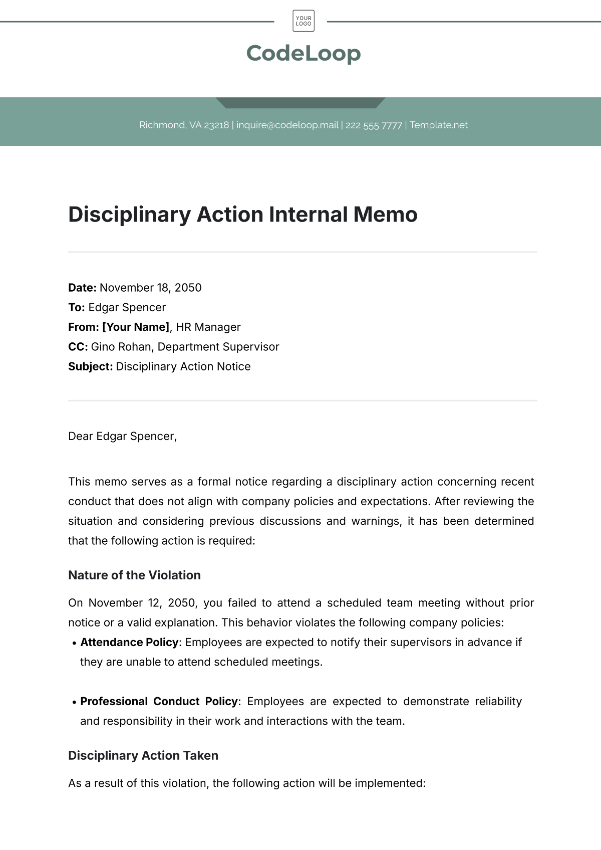 Free Disciplinary Action Internal Memo Template - Edit Online ...