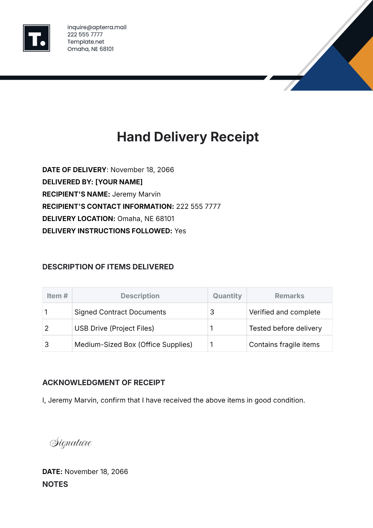 Hand Delivery Receipt Template - Edit Online & Download