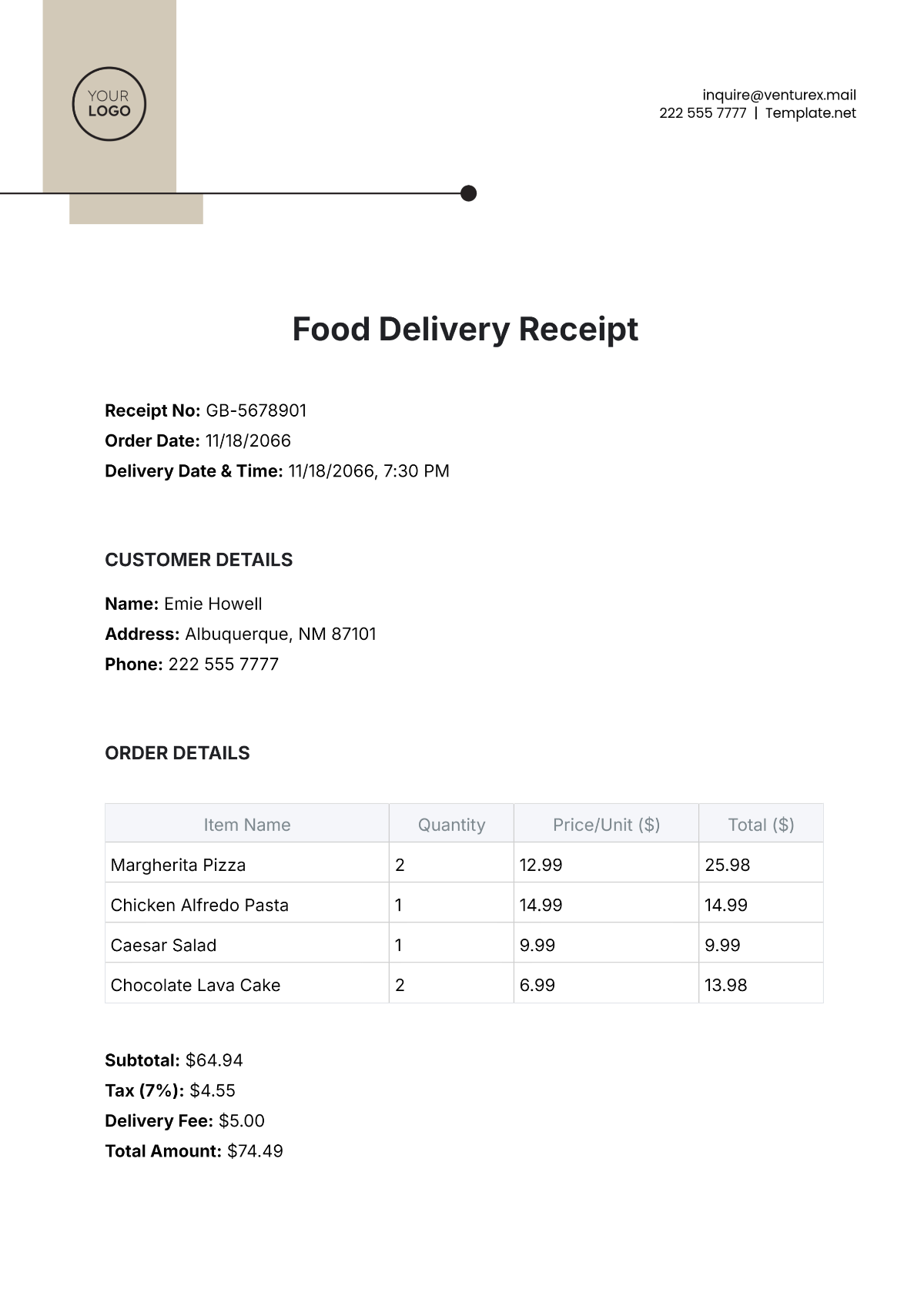 Food Delivery Receipt Template - Edit Online & Download