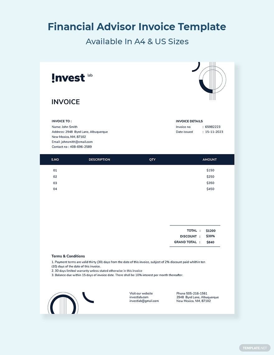 Financial Advisor Invoice Template in Word, Google Docs, Excel, PDF, Google Sheets, Illustrator, PSD, Apple Pages, InDesign, Apple Numbers