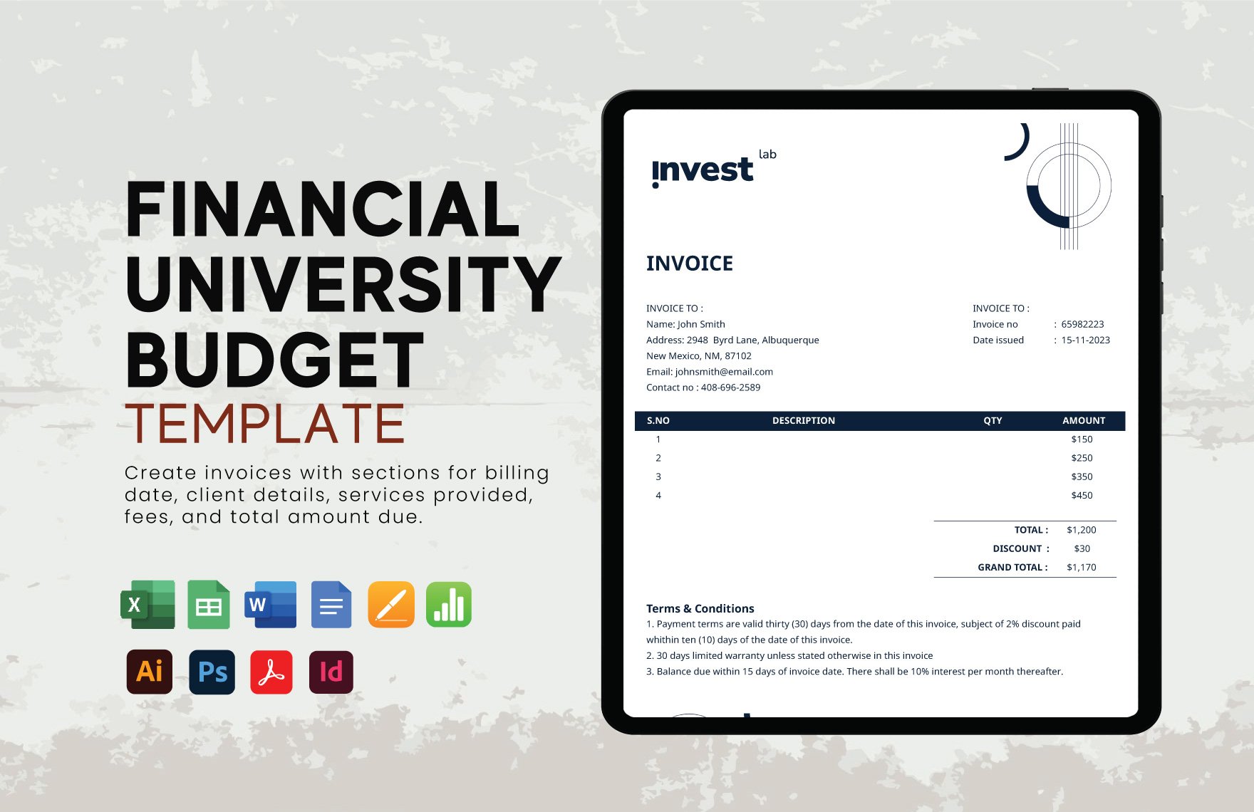 Financial Advisor Invoice Template in Word, Google Docs, Excel, PDF, Google Sheets, Illustrator, PSD, Apple Pages, InDesign, Apple Numbers