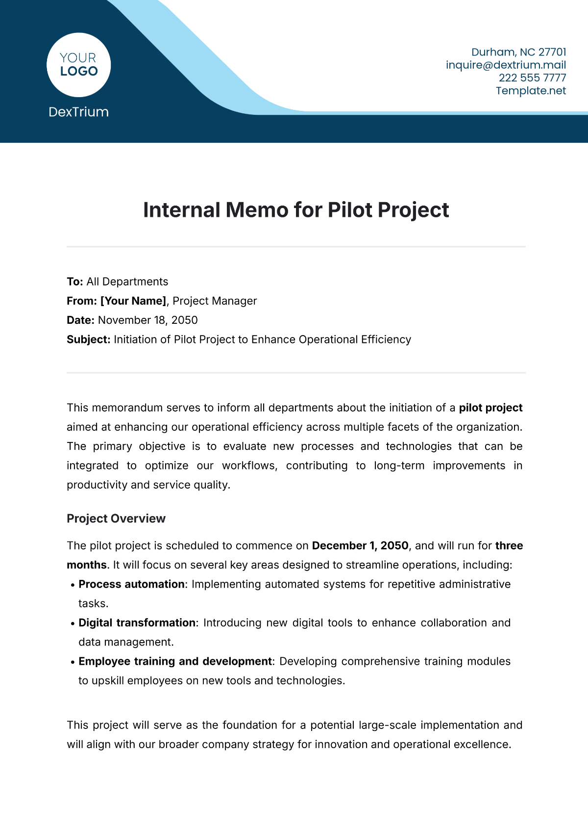 Internal Memo for Pilot Project Template - Edit Online & Download