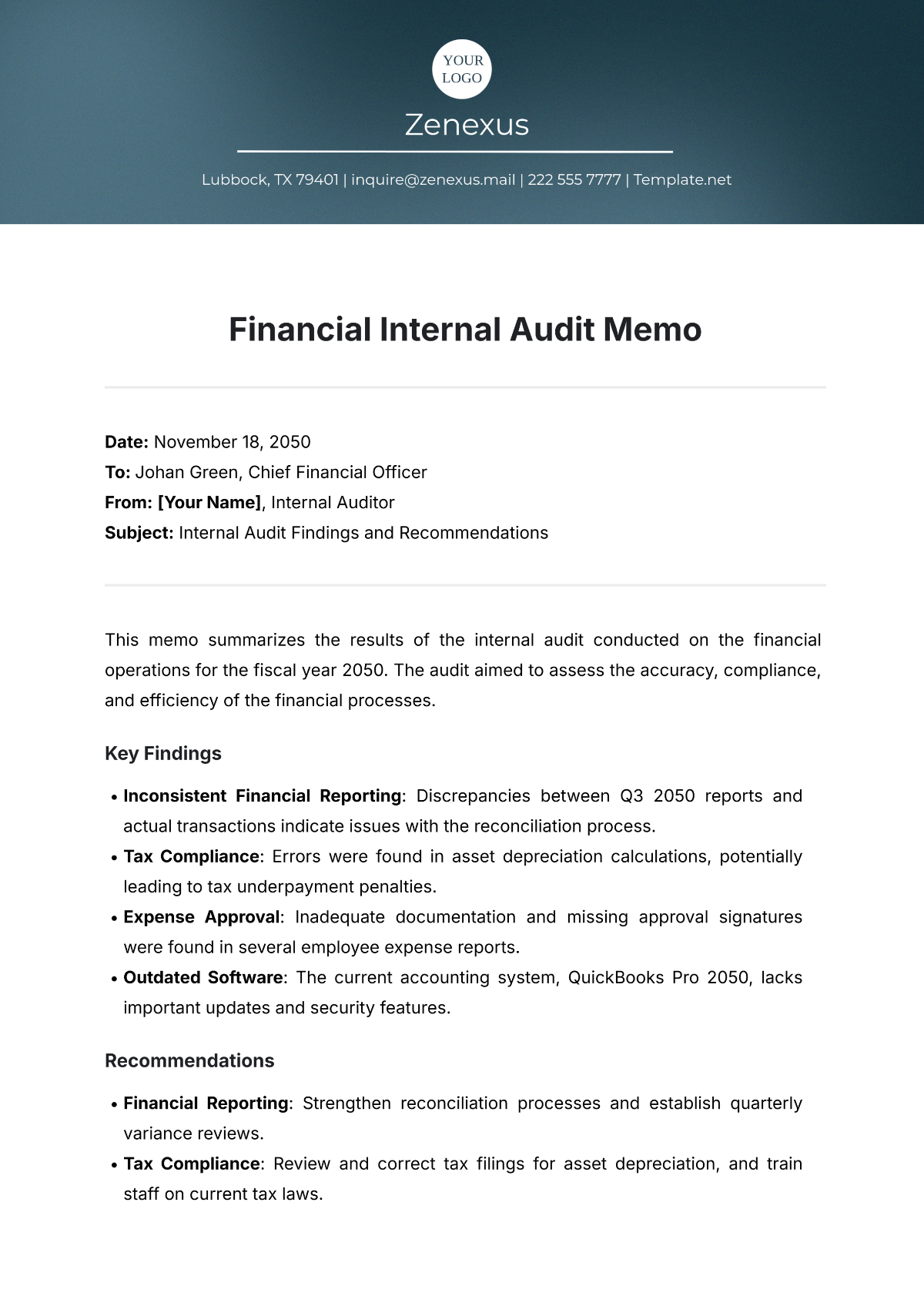 Financial Internal Audit Memo Template - Edit Online & Download