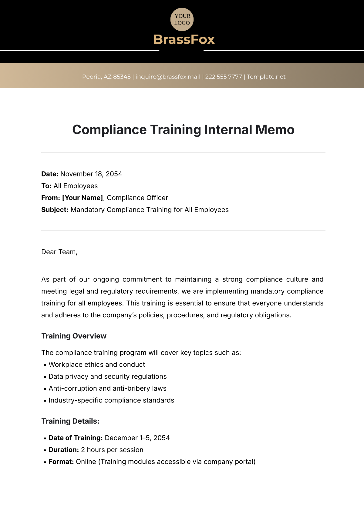 Compliance Training Internal Memo Template - Edit Online & Download