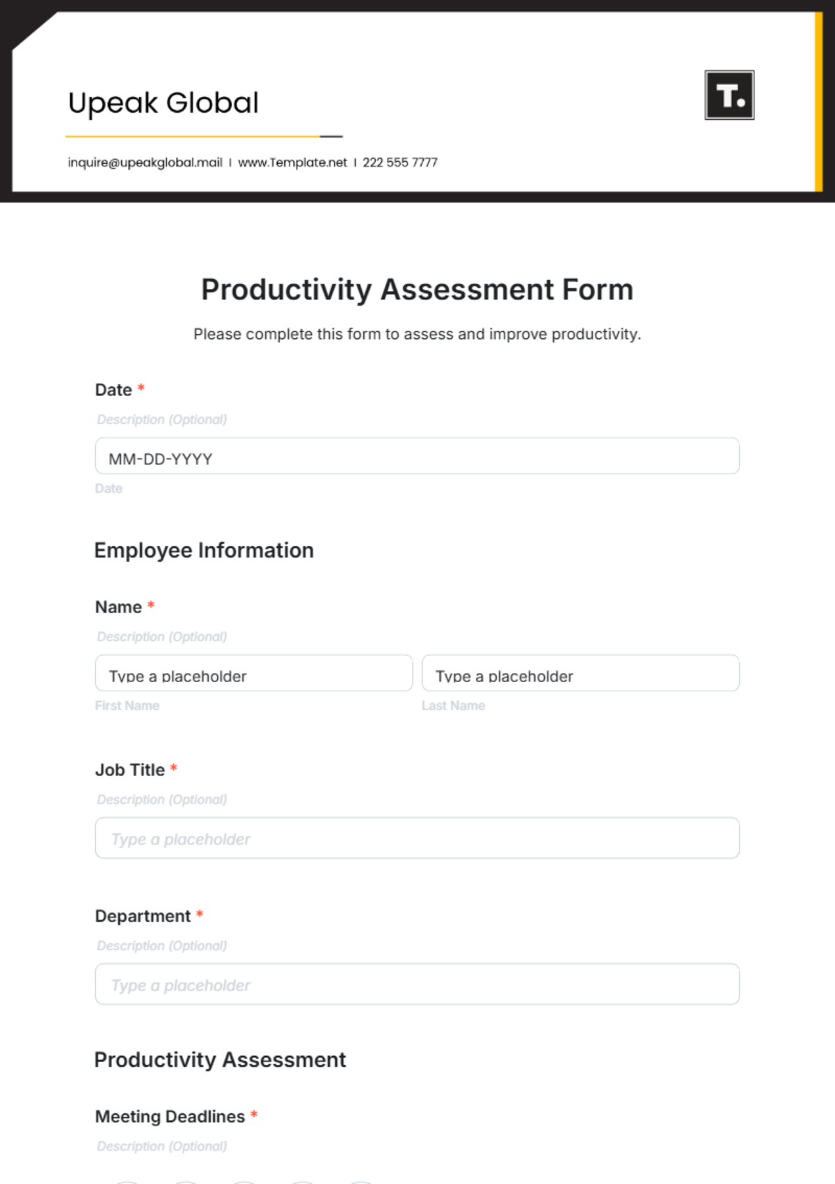 Productivity Assessment Form Template - Edit Online & Download