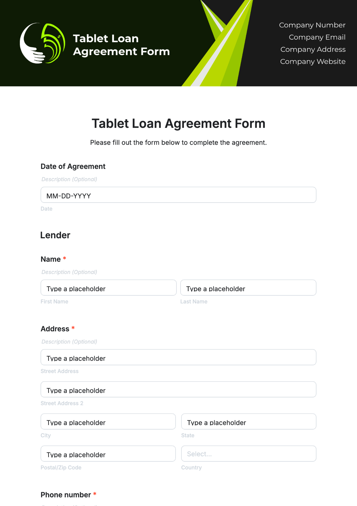 Tablet Loan Agreement Form Template - Edit Online & Download